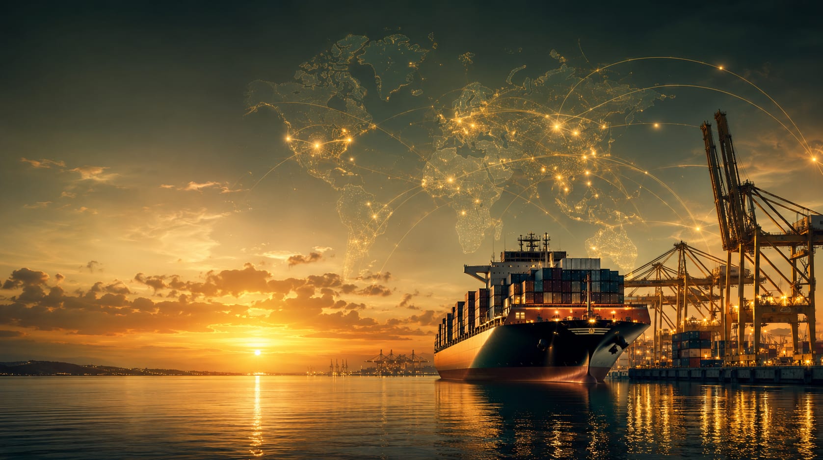 Container ship at sunset with a world map of glowing global trade routes